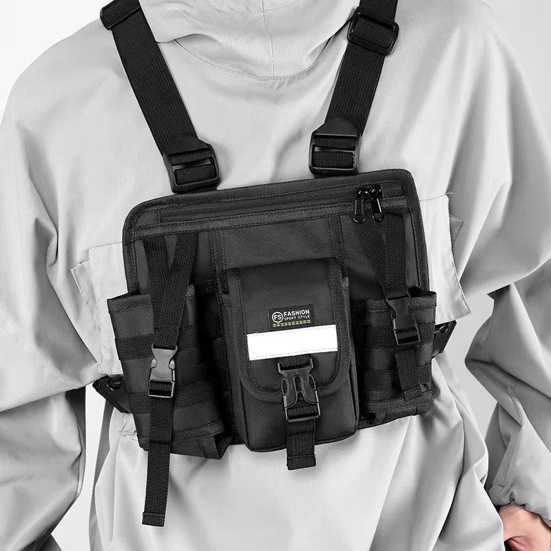 Reflective Design Chest Rig Bag Wear-Resistant Tactical Vest Bag Multiple Pockets Students Chest Bag Hip-Hop Streetwear Backpack